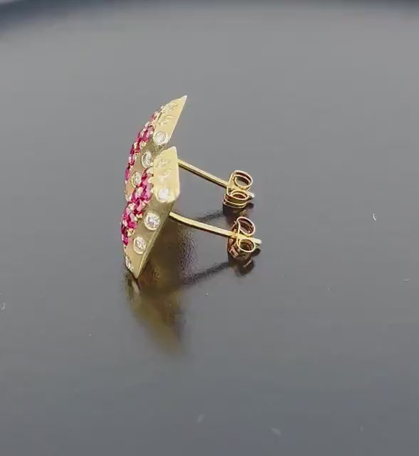 Vintage 14k Yellow Gold Natural Ruby and Diamond Stud Earrings
