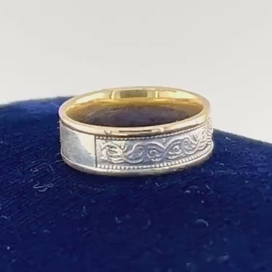 Vintage Irish Wedding Band - Solid 10k Gold Wedding Ring - Hallmarked Two Tone Celtic Warrior Shield Ring - Size 7