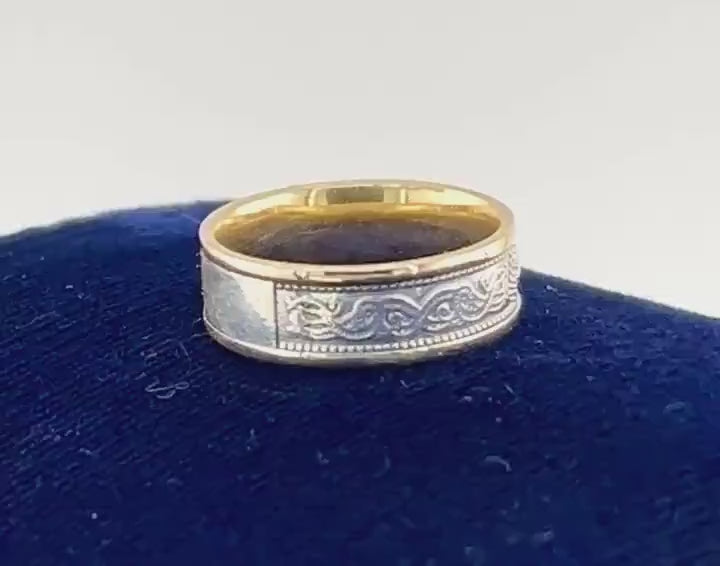 Vintage Irish Wedding Band - Solid 10k Gold Wedding Ring - Hallmarked Two Tone Celtic Warrior Shield Ring - Size 7
