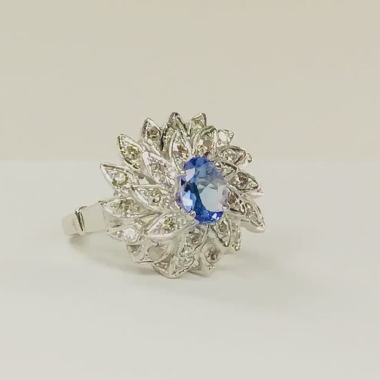 Vintage 14k White Gold Tanzanite and Diamond Ring Large Floral Cocktail Ring Natural Diamond and Tanzanite Dinner Ring