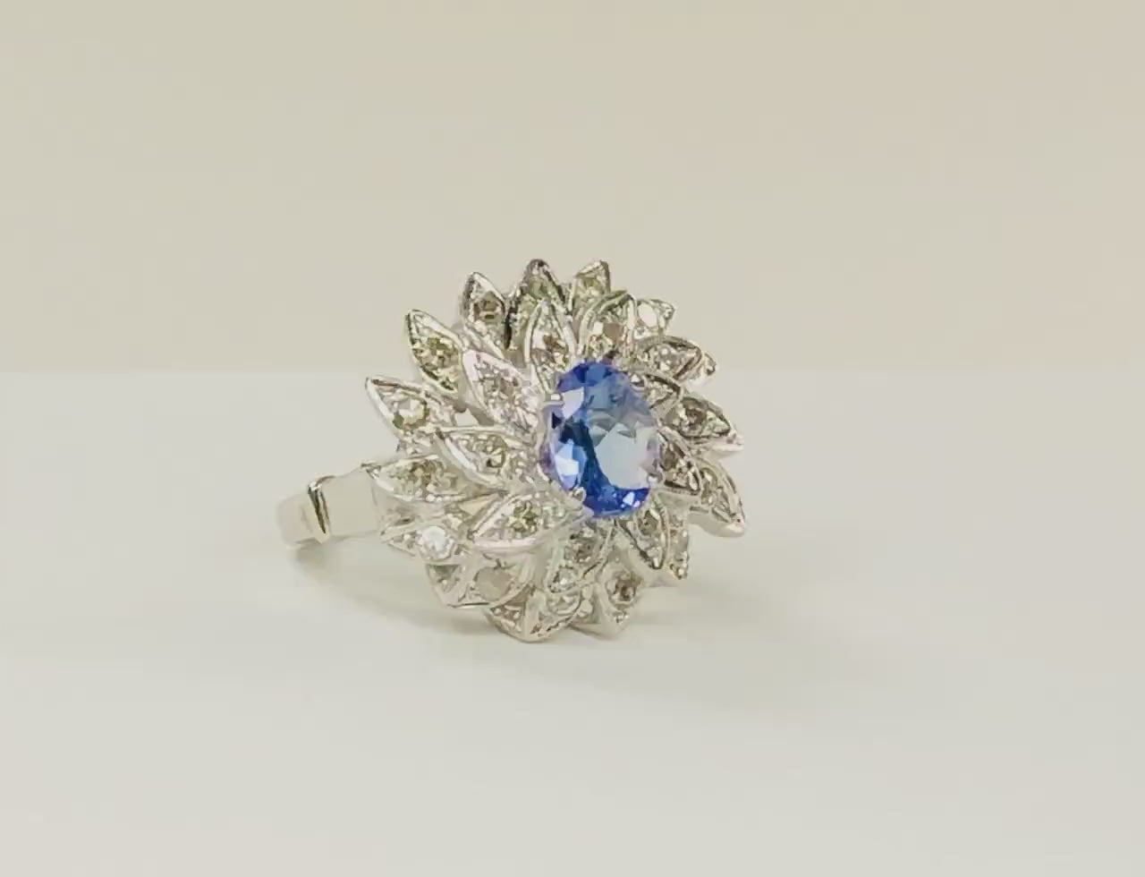 Vintage 14k White Gold Tanzanite and Diamond Ring Large Floral Cocktail Ring Natural Diamond and Tanzanite Dinner Ring