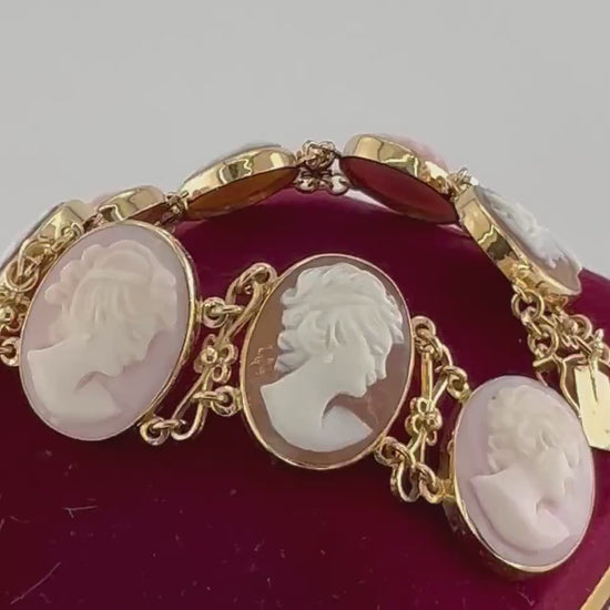 Vintage 14k Gold Pink and Brown Cameo Bracelet 7"