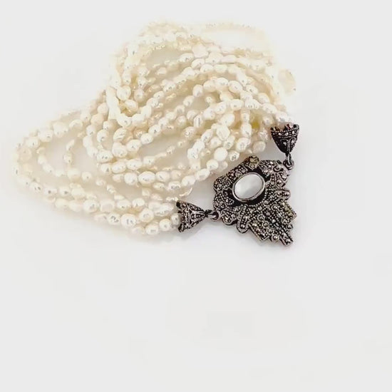Vintage Sterling Silver Multi-Strand Freshwater Pearl Marcasite & Mother of Pearl Necklace 19"