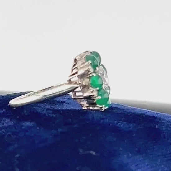 Vintage Sterling Silver Deep Green Glass and White Sapphire Ring, Imitation Emerald and Diamond Dinner Ring Size 6.75