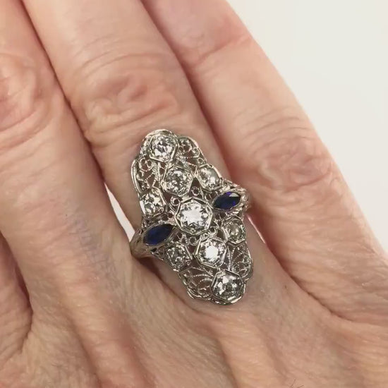 Art Deco Diamond Ring: 18k White Gold Filigree, Sapphire Accents