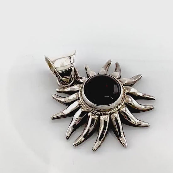 Vintage Large Sterling Silver Black Onyx Sun Pendant Made in Mexico
