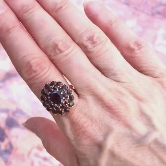 Vintage 14k Yellow Gold Bohemian Garnet Cluster Ring January Birthstone Size 7.25