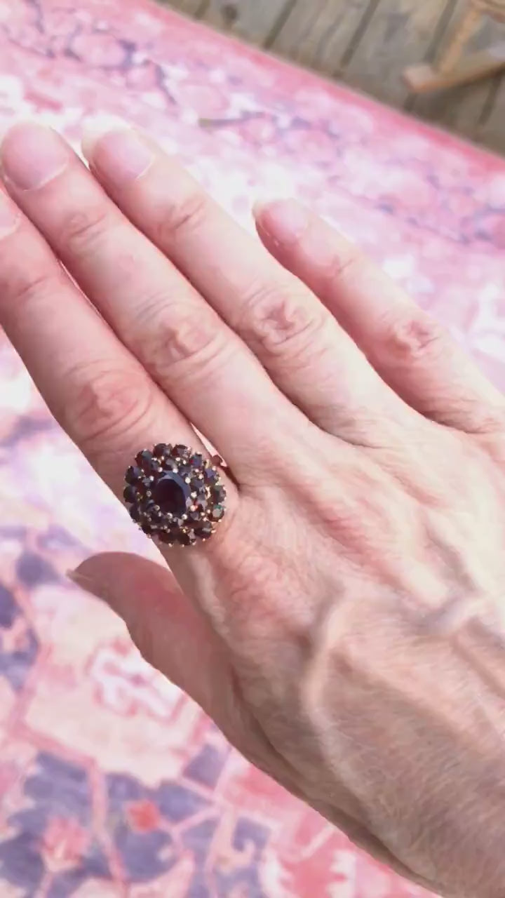 Vintage 14k Yellow Gold Bohemian Garnet Cluster Ring January Birthstone Size 7.25
