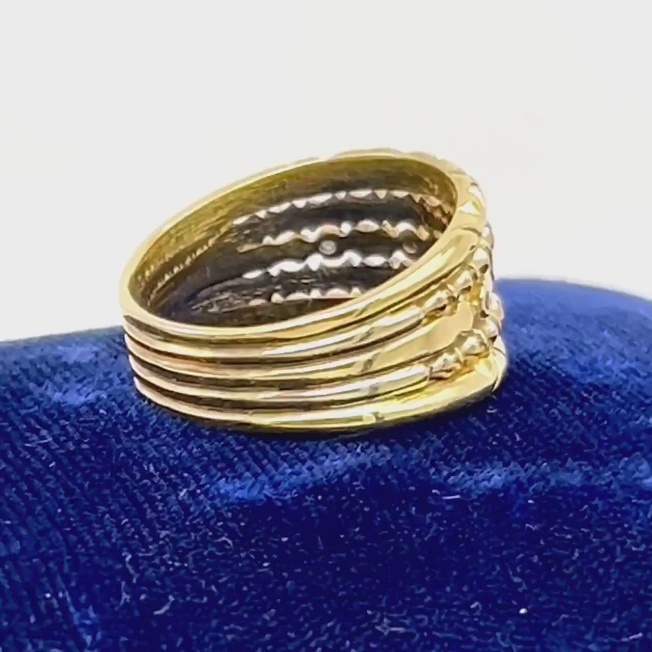 18k Yellow Gold Blue Sapphire Cigar Band Ring - Wide Stacking Multi-Band Style - Size 11.5 - Vintage Fine Jewelry