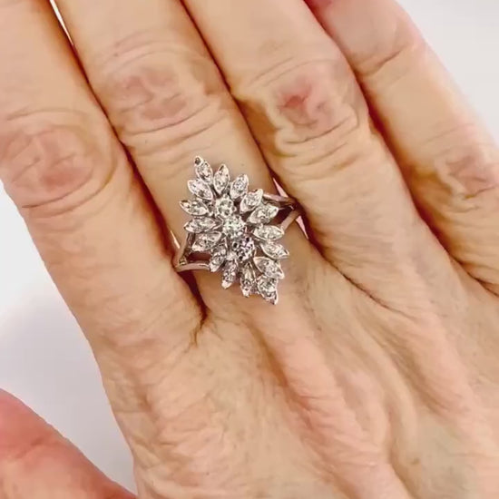 Vintage Marquise Shaped Natural Diamond Cluster Ring, 14k White Gold Everyday Ring Approx 1/3 Carat TDW