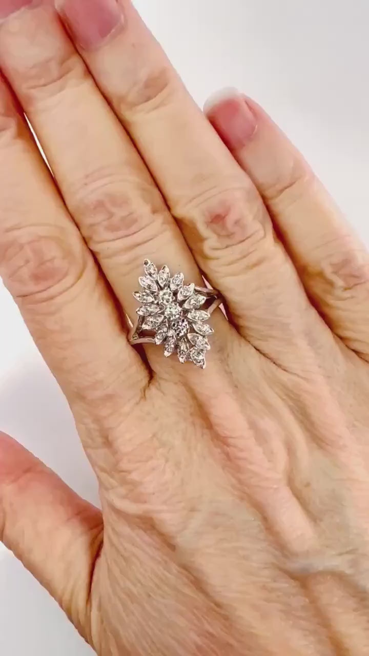 Vintage Marquise Shaped Natural Diamond Cluster Ring, 14k White Gold Everyday Ring Approx 1/3 Carat TDW