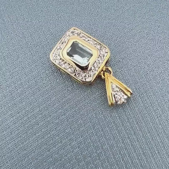 14k Light Blue Topaz and CZ Pendant - Vintage Yellow Gold Rectangle Cut March Birthstone - Fine Jewelry