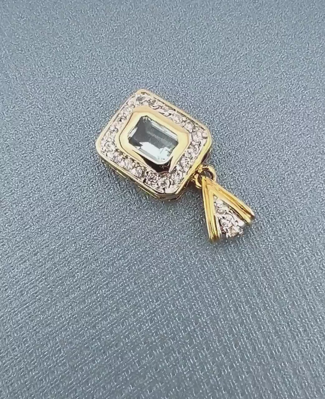 14k Light Blue Topaz and CZ Pendant - Vintage Yellow Gold Rectangle Cut March Birthstone - Fine Jewelry