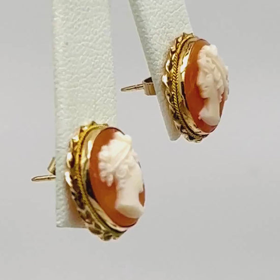 Vintage 14k Gold Shell Cameo Stud Earrings Oval Moon Goddess Cameo Earrings