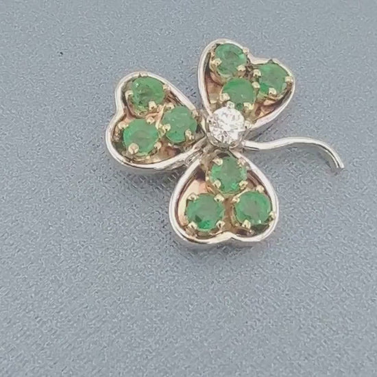 Vintage 14k Two Tone Gold Natural Diamond and Emerald Shamrock Pendant, Thee Leaf Clover Good Luck Pendant