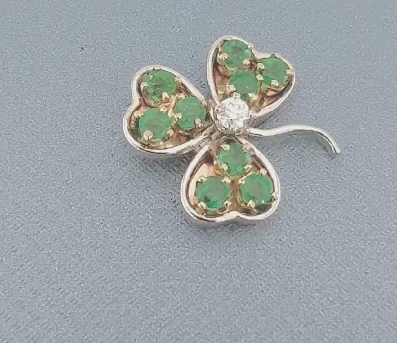Vintage 14k Two Tone Gold Natural Diamond and Emerald Shamrock Pendant, Thee Leaf Clover Good Luck Pendant