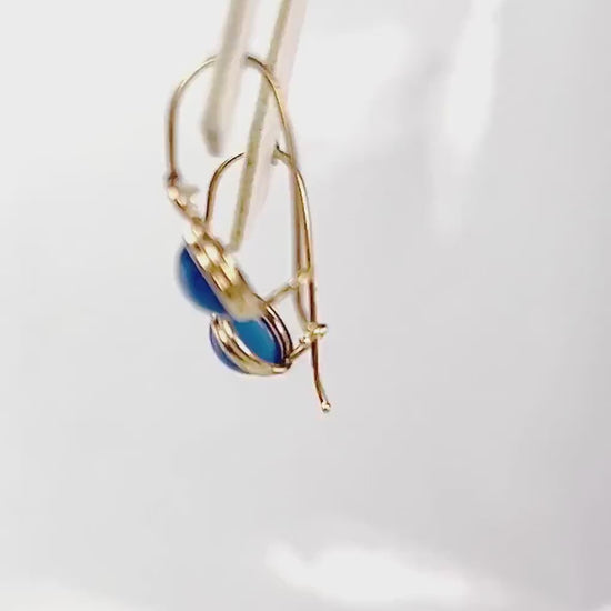 Vintage14k Yellow Gold Blue Cabachon and CZ Dangle Earrings