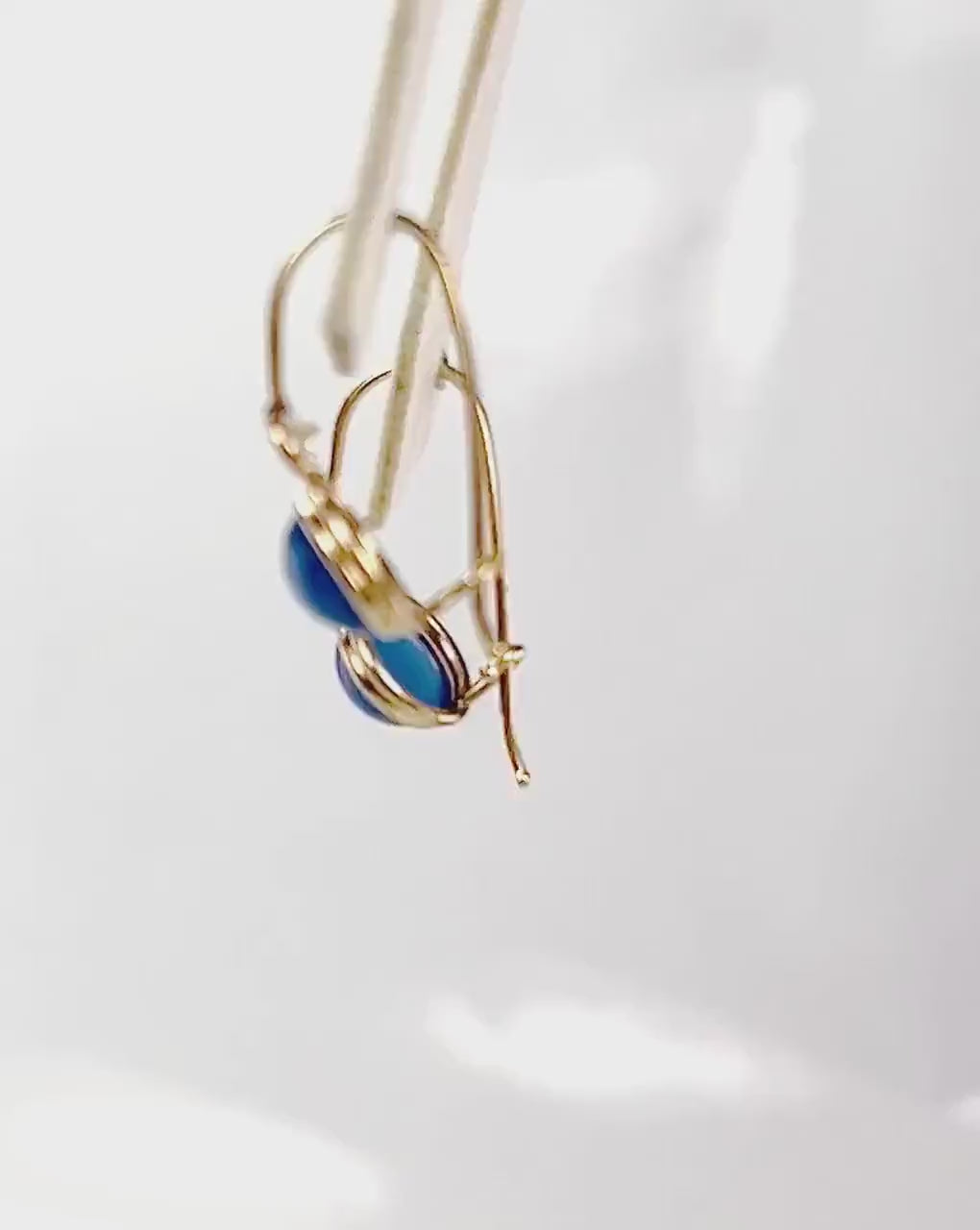 Vintage14k Yellow Gold Blue Cabachon and CZ Dangle Earrings