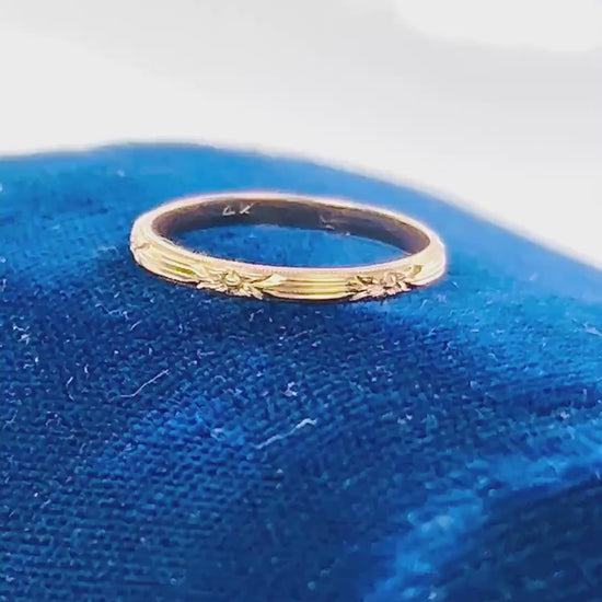 Thin 14k Floral Wedding Band - Art Deco Yellow Gold Orange Blossom Engraved Ring - Vintage Stacking Style - Size 7.5 - Circa 1940