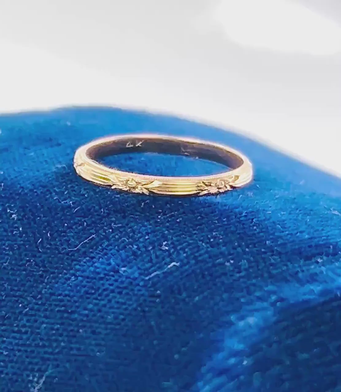 Thin 14k Floral Wedding Band - Art Deco Yellow Gold Orange Blossom Engraved Ring - Vintage Stacking Style - Size 7.5 - Circa 1940