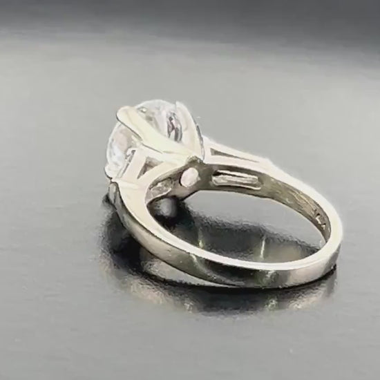 Vintage 14k Engagement Ring, Clear Spinel Ring, White Gold Imitation Diamond Ring with Baguettes, Travel Ring