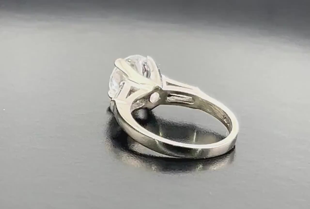 Vintage 14k Engagement Ring, Clear Spinel Ring, White Gold Imitation Diamond Ring with Baguettes, Travel Ring