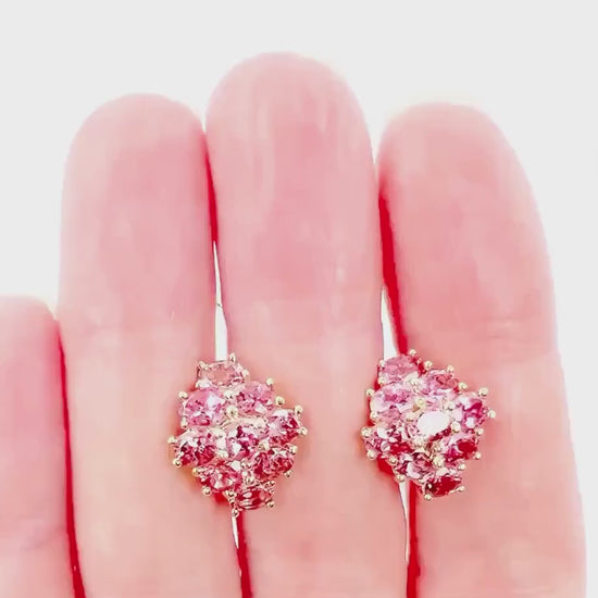 Vintage 14k Yellow Gold Pink Tourmaline Cluster Earrings - Omega Back Pink Stone Earrings - October Birthstone