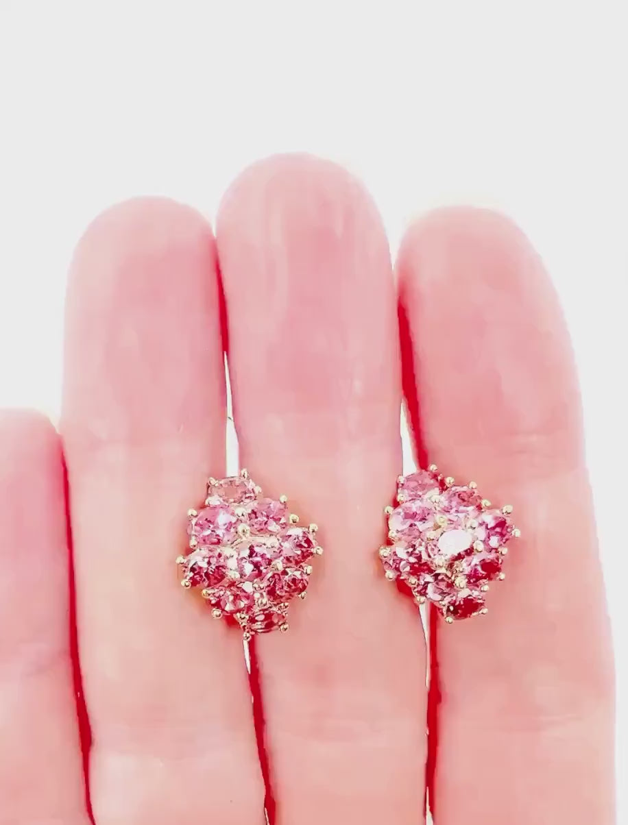 Vintage 14k Yellow Gold Pink Tourmaline Cluster Earrings - Omega Back Pink Stone Earrings - October Birthstone