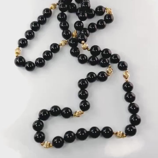 Vintage Black Onyx and 14k Gold Bead Necklace, 10 MM Natural Stone Necklace 29.5"