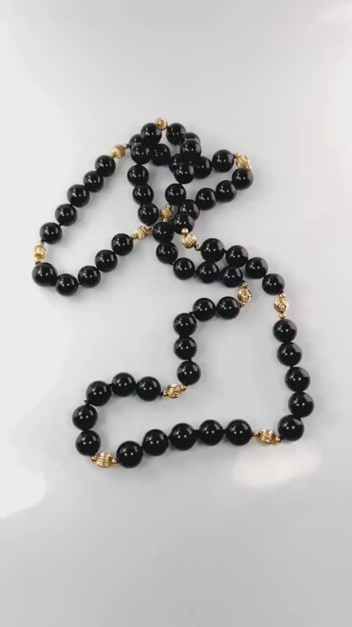 Vintage Black Onyx and 14k Gold Bead Necklace, 10 MM Natural Stone Necklace 29.5"