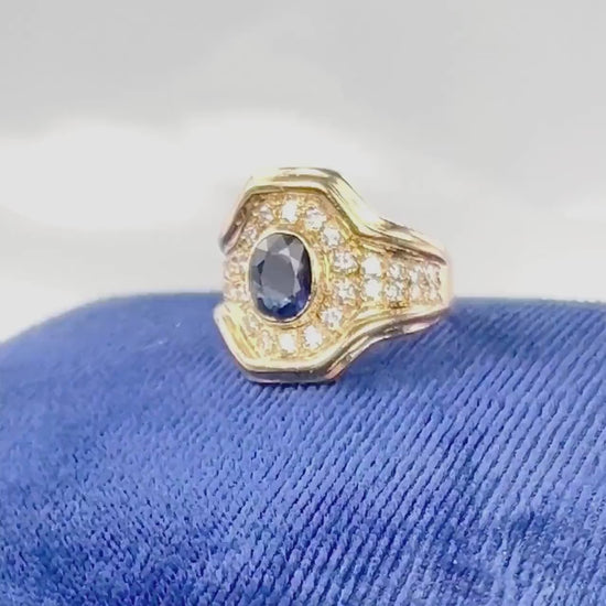 Vintage 14k Yellow Gold GIA Certified Natural Blue Sapphire and Natural Diamond Ring Size 6