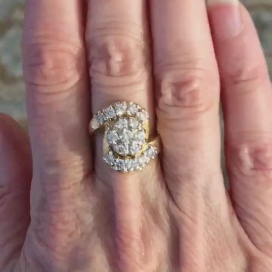 Vintage 14k Yellow Gold Diamond Cluster Ring: 1940s Floral Statement, .90 CT TDW