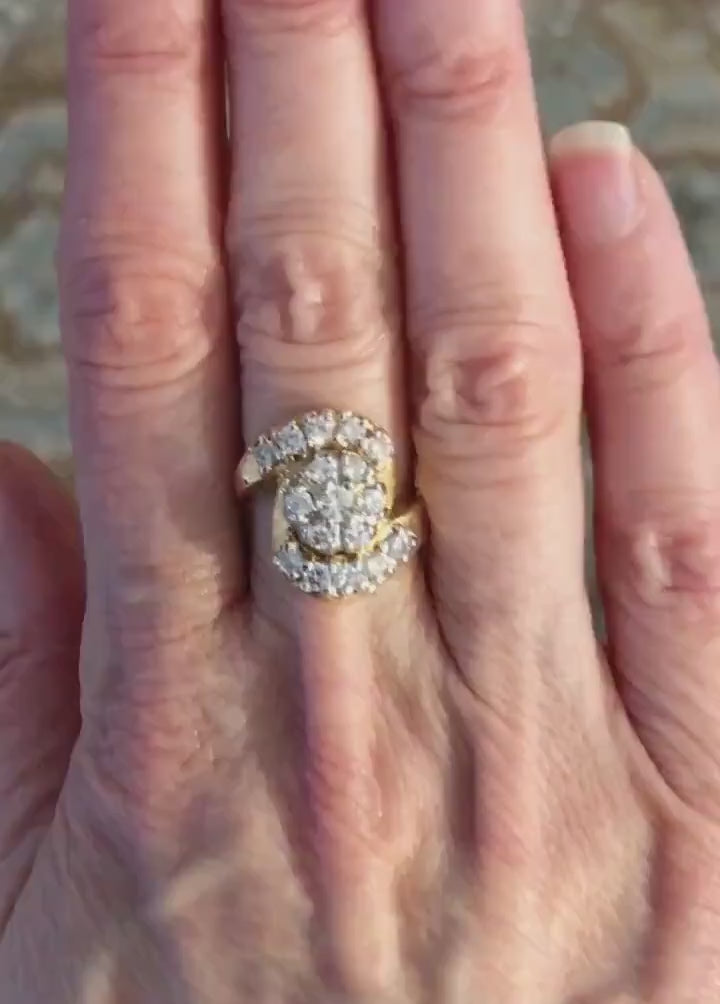 Vintage 14k Yellow Gold Diamond Cluster Ring: 1940s Floral Statement, .90 CT TDW