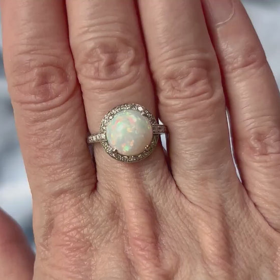 Vintage Platinum Opal Diamond Ring: October Birthstone, Circa 1930