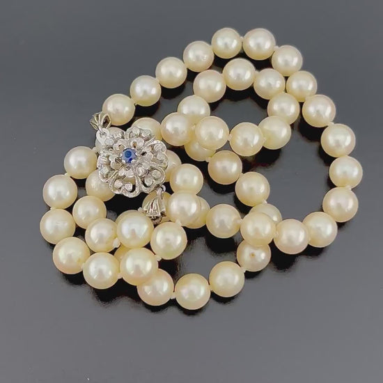 Vintage 18k White Gold Pearl and Sapphire Necklace 7.5 mm Saltwater Cultured Pearl Strand Bridal Necklace 19"