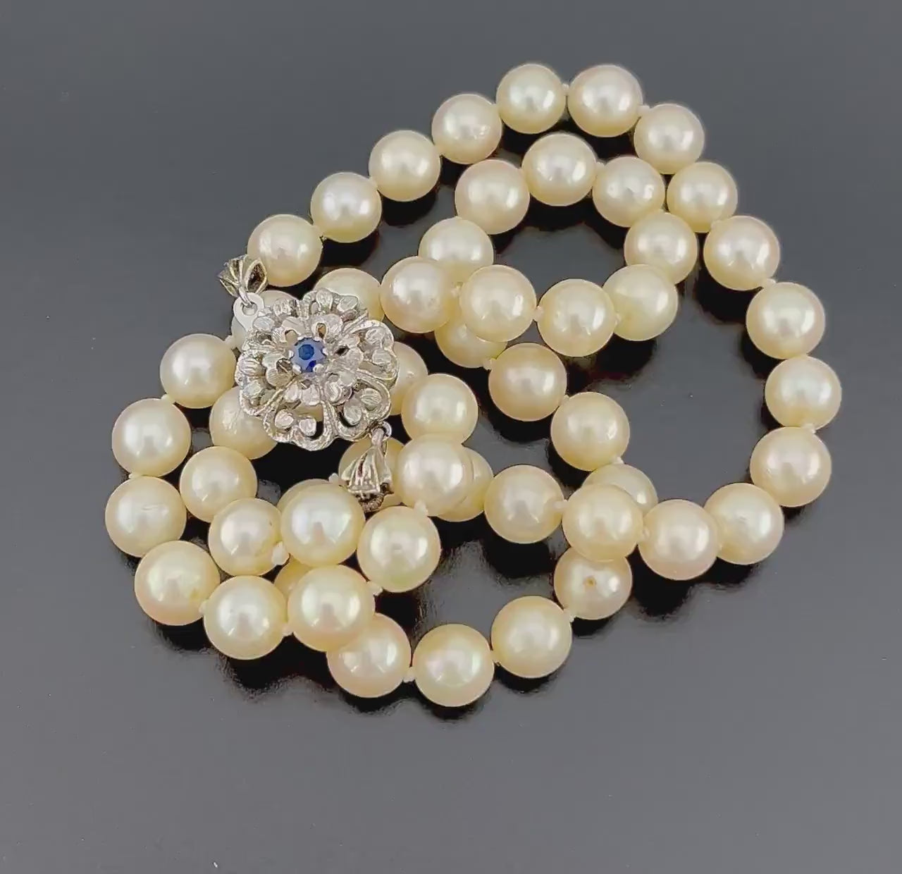 Vintage 18k White Gold Pearl and Sapphire Necklace 7.5 mm Saltwater Cultured Pearl Strand Bridal Necklace 19"
