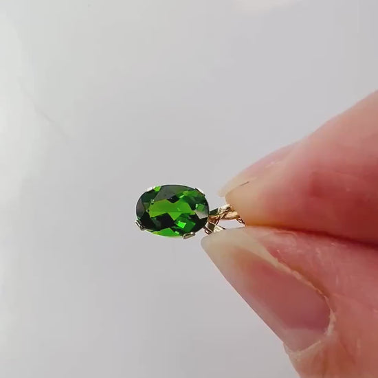 Vintage Yellow Gold Green Tourmaline Drop Necklace, Minimalist Oval Cut Green Stone Pendant, 19"