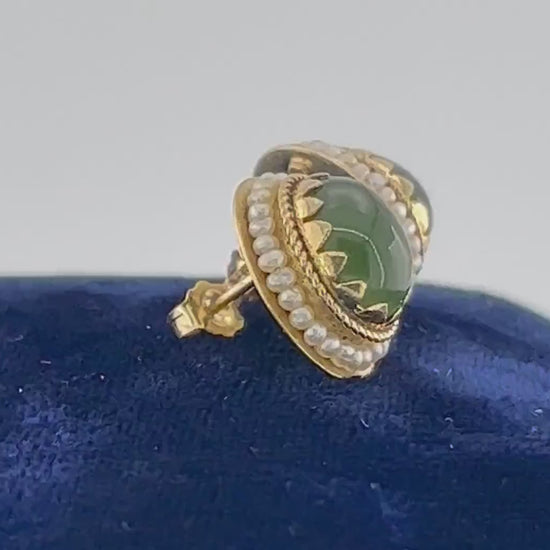 Vintage 14k Gold Chrysoprase Stud Earrings with Seed Pearl Halo