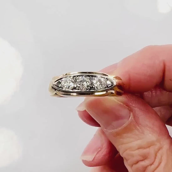 Vintage Art Deco 14k Gold Diamond Ring: Three Old Mine Cuts, 1930s, Size 8.75
