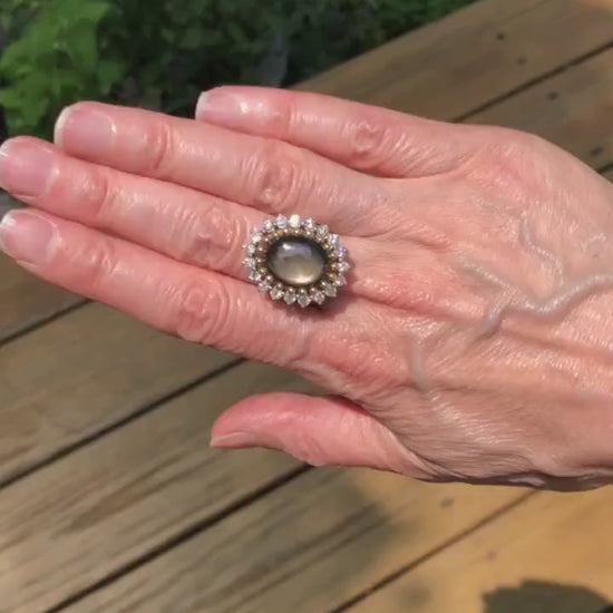 Vintage 13 CT Natural Black Star Sapphire Ring with Diamond Halo 14k Two Tone Gold Ring Size 5.25