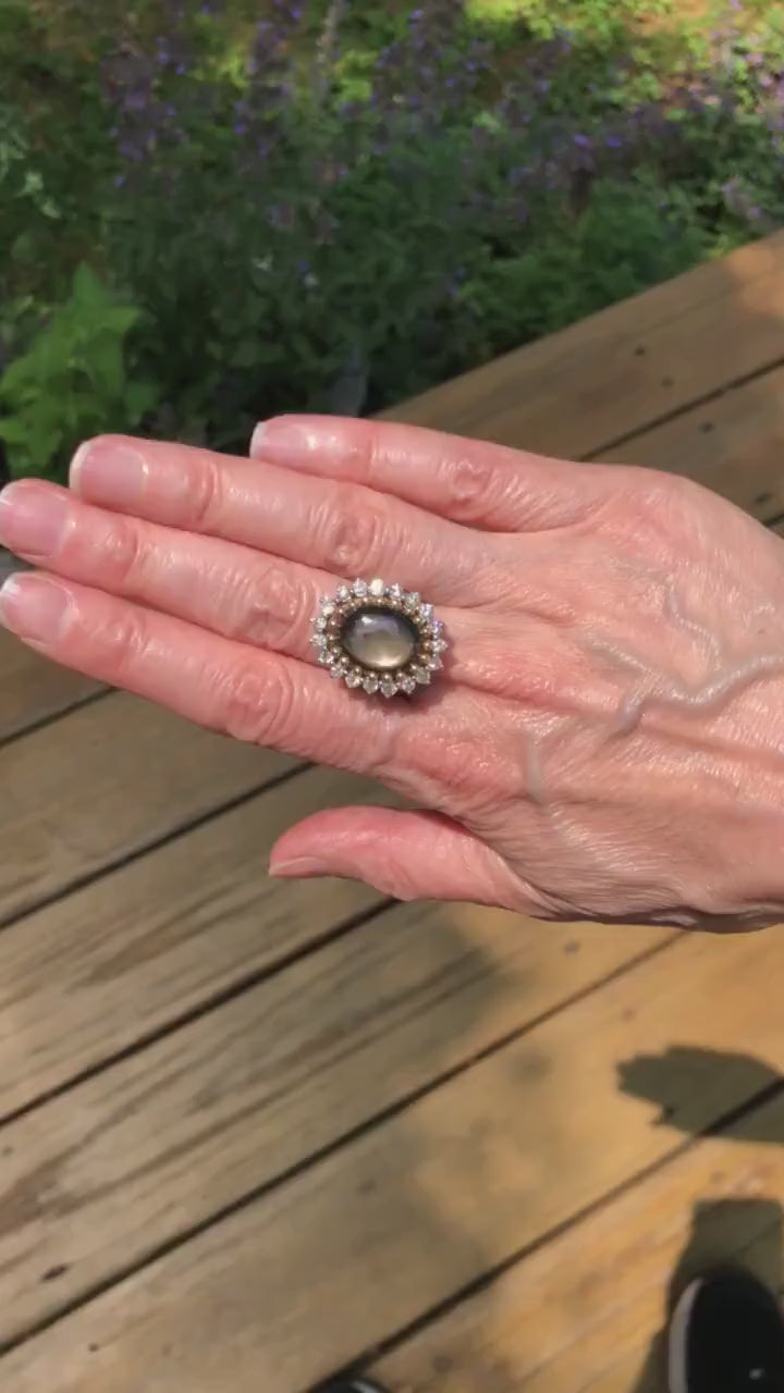 Vintage 13 CT Natural Black Star Sapphire Ring with Diamond Halo 14k Two Tone Gold Ring Size 5.25