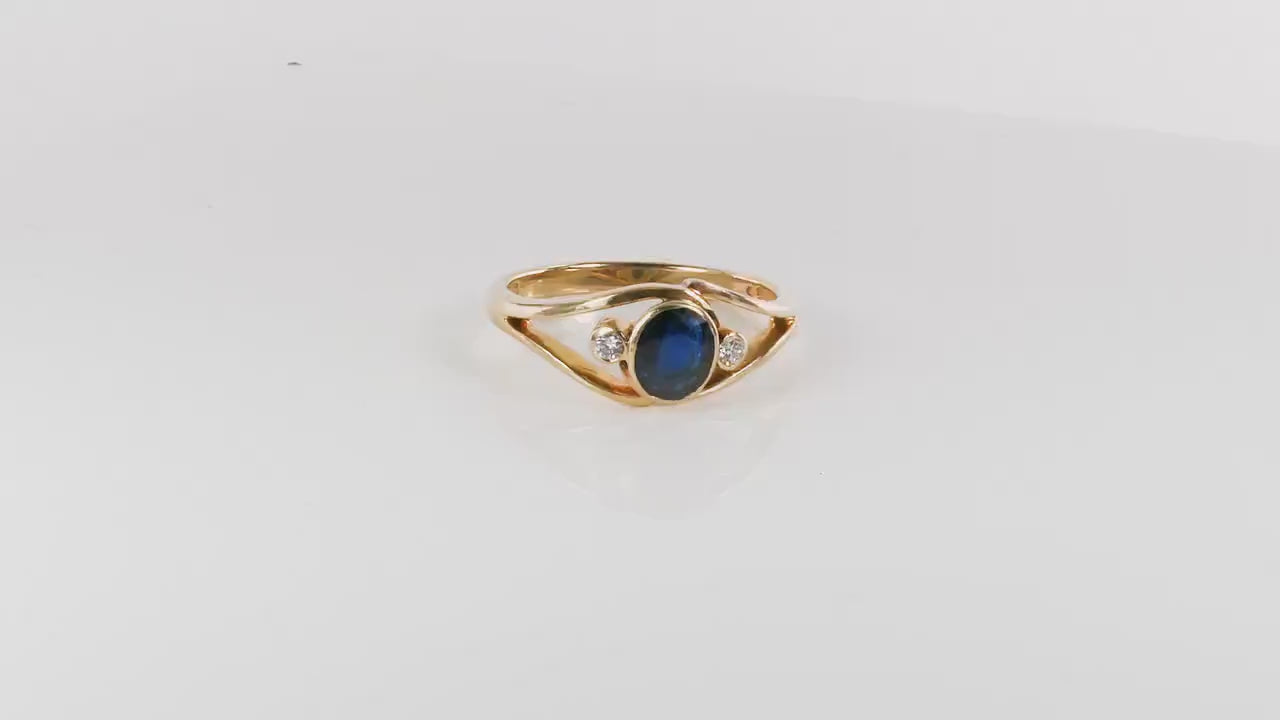 Vintage 14k Yellow Gold Natural Blue Sapphire and Diamond Ring September Birthstone Ring - Size 7.5