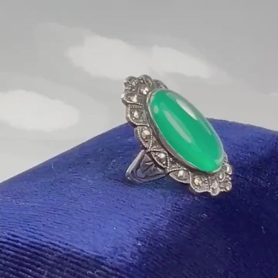 Vintage Sterling Green Glass Marcasite Ring, Sterling Silver Imitation Jade Ring, Uncas Manufacturing Co Art Deco Pinky Ring Approx Size 3.5