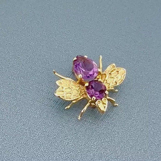 Vintage 14k Yellow Gold Natural Purple Amethyst Bee Pendant Pin February Birthstone
