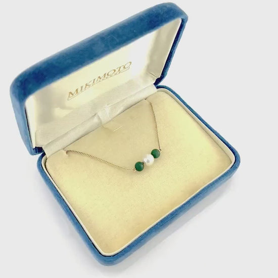 Vintage Mikimoto 14k Gold 6 MM Japanese Cultured Pearl and Malachite Choker Necklace 14.5"