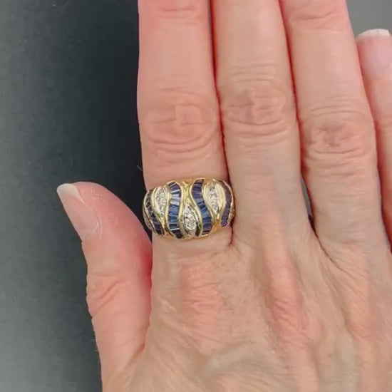 Vintage 14k Yellow Gold Natural Blue Sapphire & Diamond Ring September Birthstone Ribbon Style Ring Size 6.5