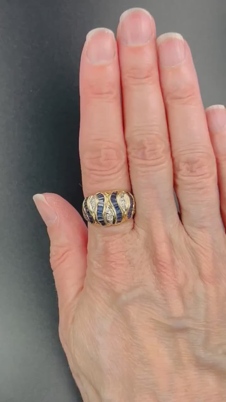 Vintage 14k Yellow Gold Natural Blue Sapphire & Diamond Ring September Birthstone Ribbon Style Ring Size 6.5
