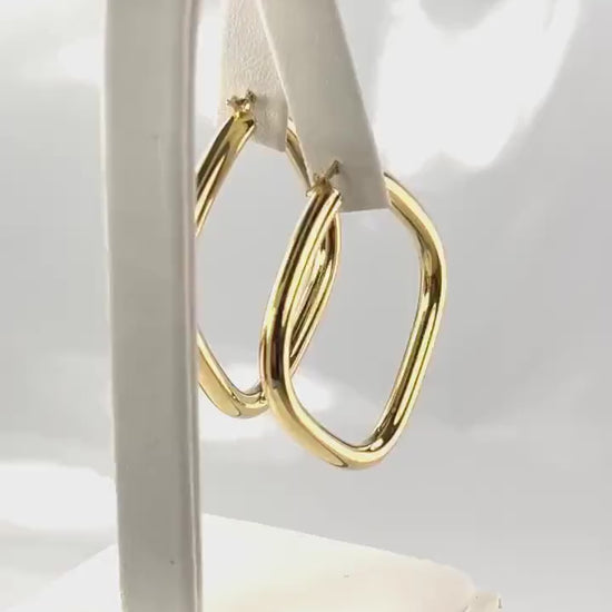 Large Gold Hoop Earrings - Vintage Italian 18k Yellow Hoops with Rounded Square Shape 1.25" 3.8 MM