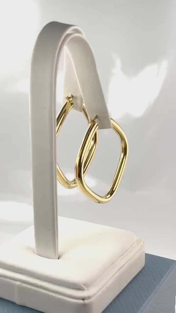 Large Gold Hoop Earrings - Vintage Italian 18k Yellow Hoops with Rounded Square Shape 1.25" 3.8 MM