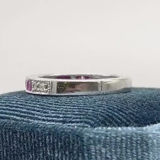 Vintage 14k White Gold Diamond Ruby Ring: Art Deco Style Stacking Band (Size 6.5)